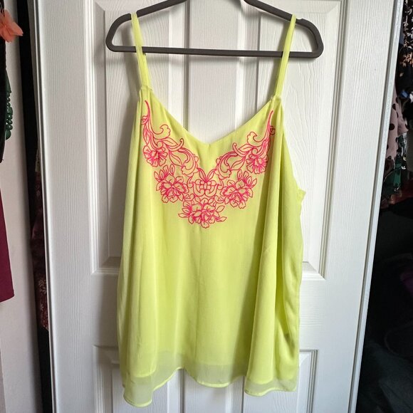 Torrid 3X Neon Yellow Chiffon Swing Layer Cami Tank Top w Pink Floral Embroidery - Picture 1 of 4